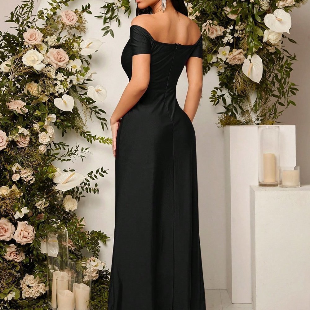 Black Preppy Womens Off Shoulder Ruched Split Thigh Dress - Picture 2 of 5
